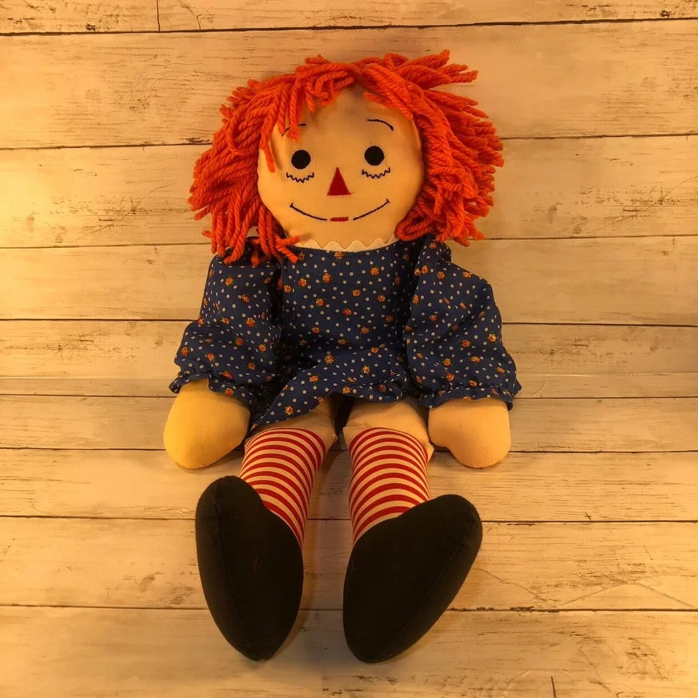 Handmade Raggedy Ann Plush Doll 18 Inch Orange Yarn Hair Blue Floral Dress Heart